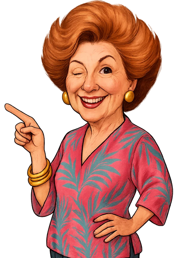 Illustrated glamorous retiree with auburn hair and pearls, pointing at the order button