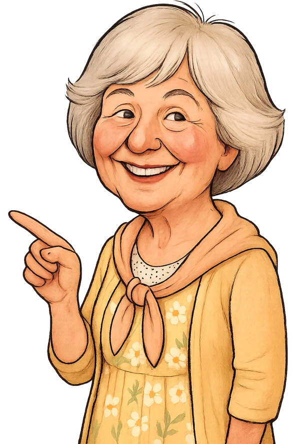 Illustrated cheerful white-haired retiree in a lavender cardigan, pointing at the order button