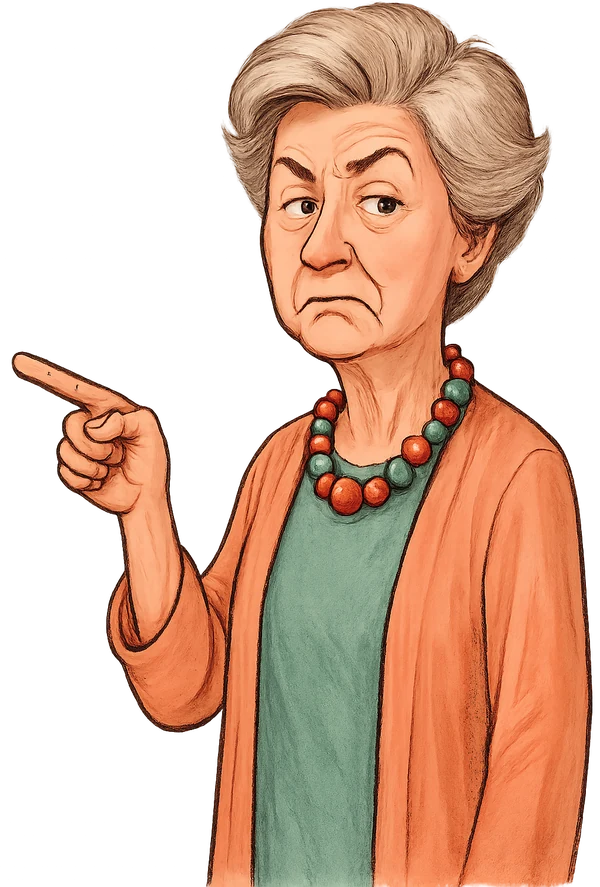 Illustrated silver-haired retiree in a big-shouldered blazer, pointing at the order button