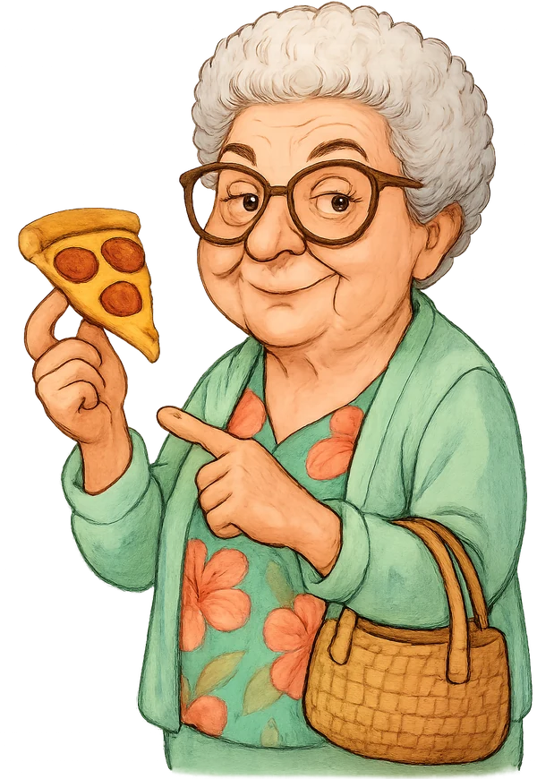 Illustrated Italian grandmother with a pizza slice, pointing at the order button